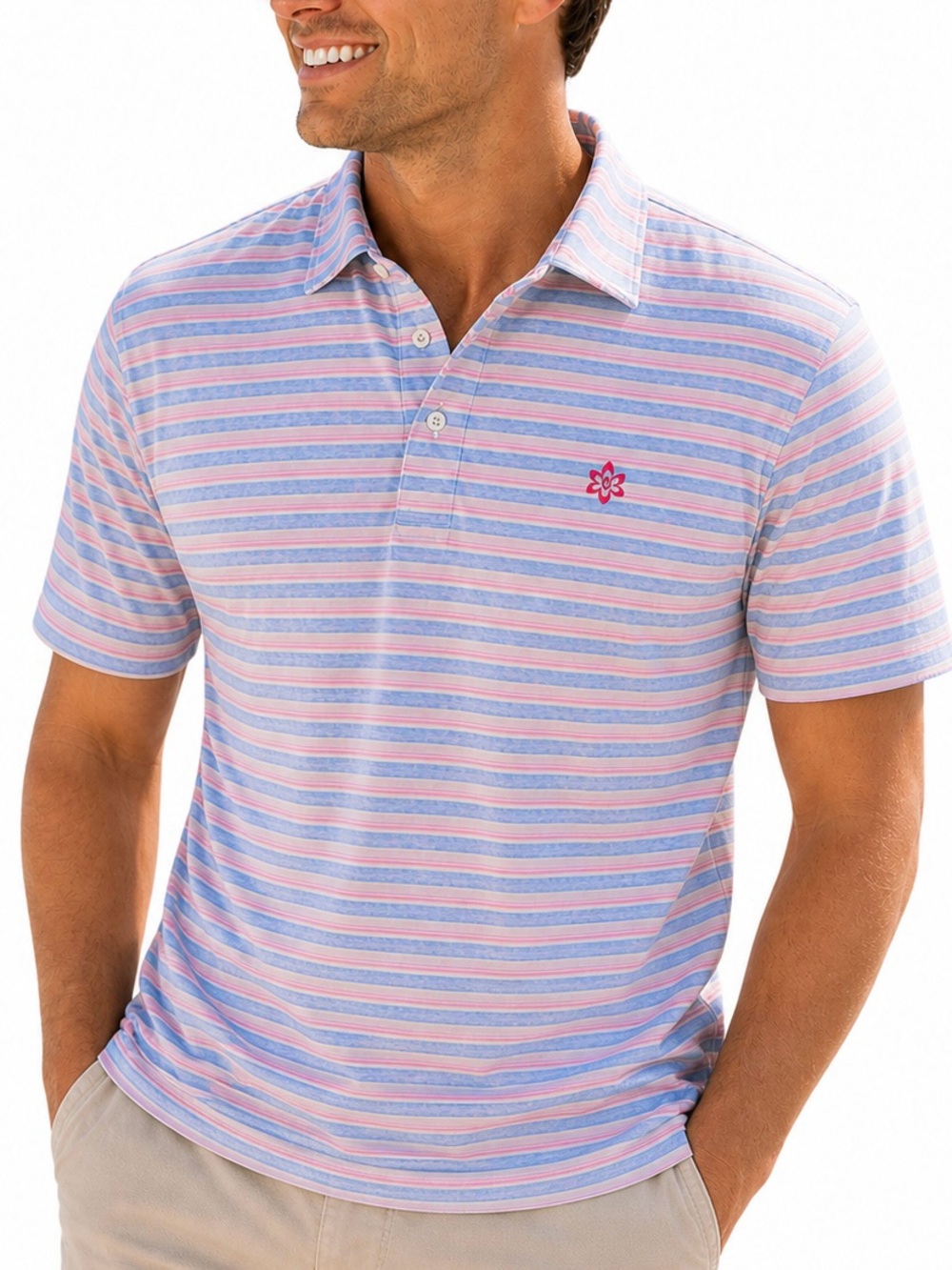 Johnnie-o Mens Large Striped Polo Pink Blue White Surf Logo